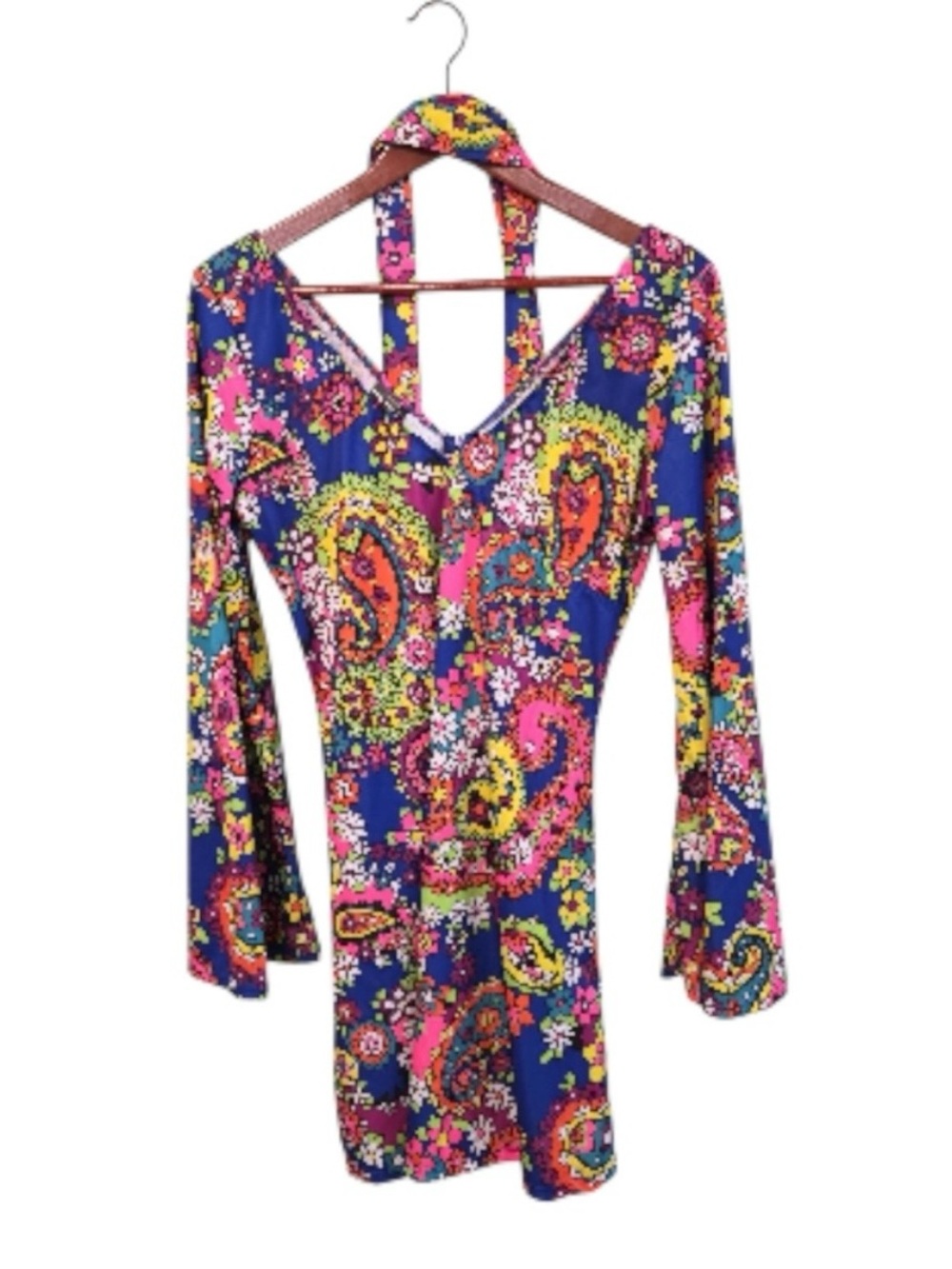 Leg Avenue Vibrant Paisley Long Sleeve 70s  Dress Wide Sleeve‎ With Belt Cosplay - Picture 2 of 7